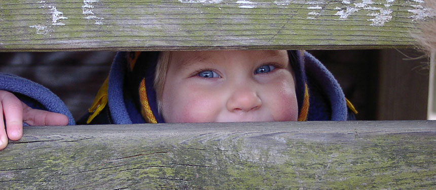 Child hiding behind boards